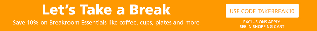 Save 10% on Breakroom Essentials like coffee, cups, plates and more
